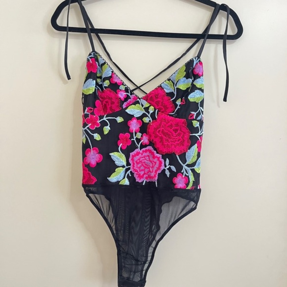 Topshop Sheer Mesh Embroidered Floral Bodysuit Women 6 Lace Strappy Y2K Festival